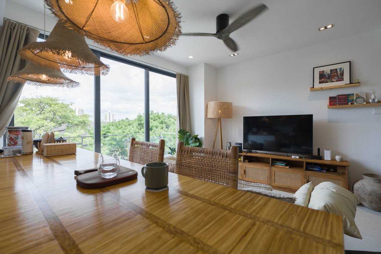 Scandinavian Living Room with Marble Floor and TV Console