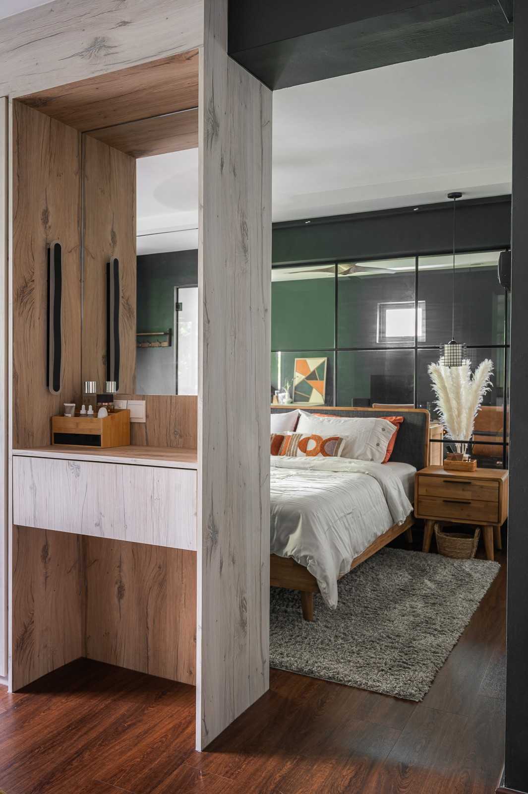Scandinavian Bedroom with Wood Flooring and Wardrobe