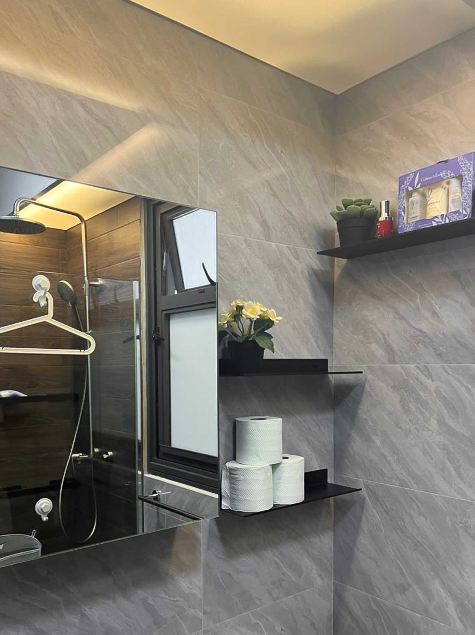 Scandinavian Bathroom with Feature Wall and Mirror