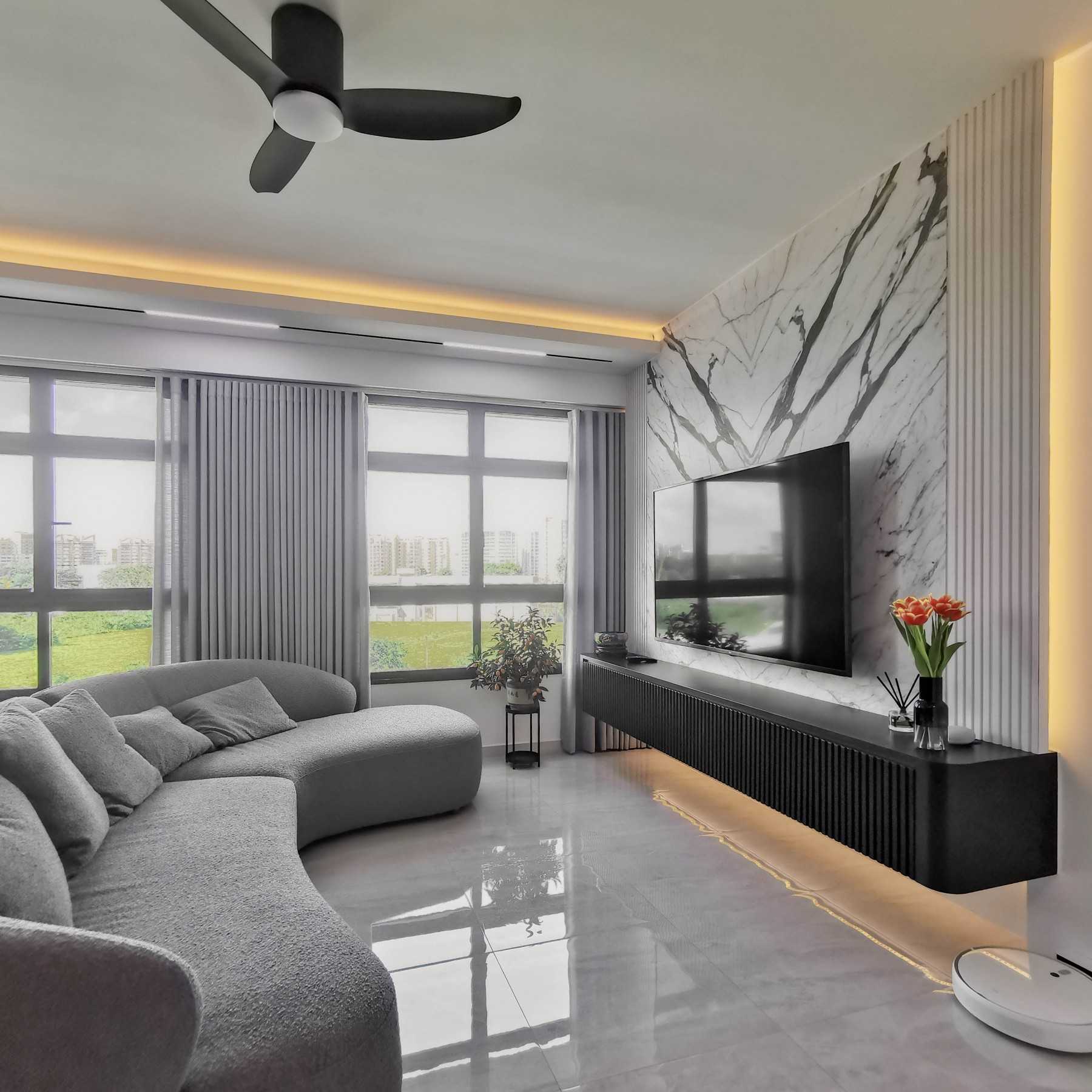 Contemporary Living Room with TV Console and Feature Wall