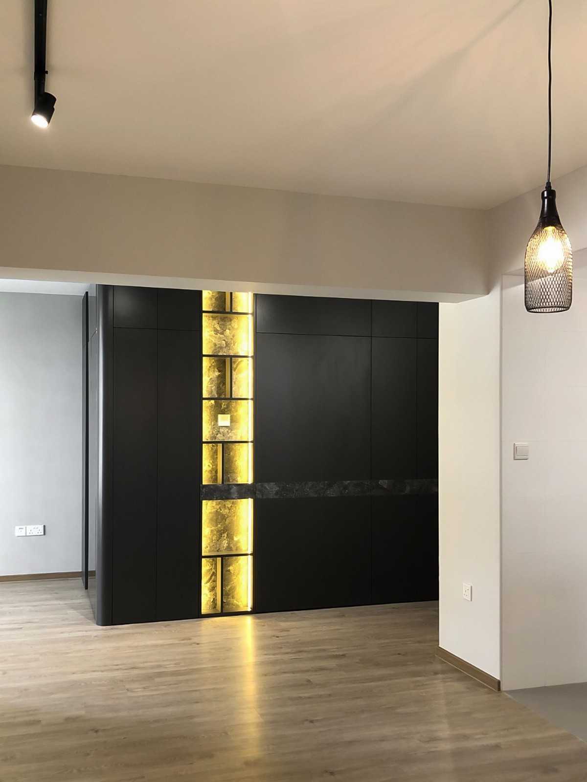 Scandinavian Foyer with Paintings and Storage Cabinets