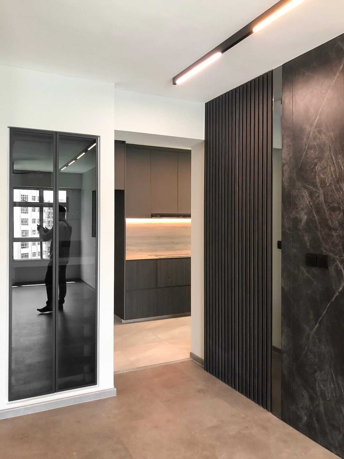 Scandinavian Living Room with Glass Door and Panelling