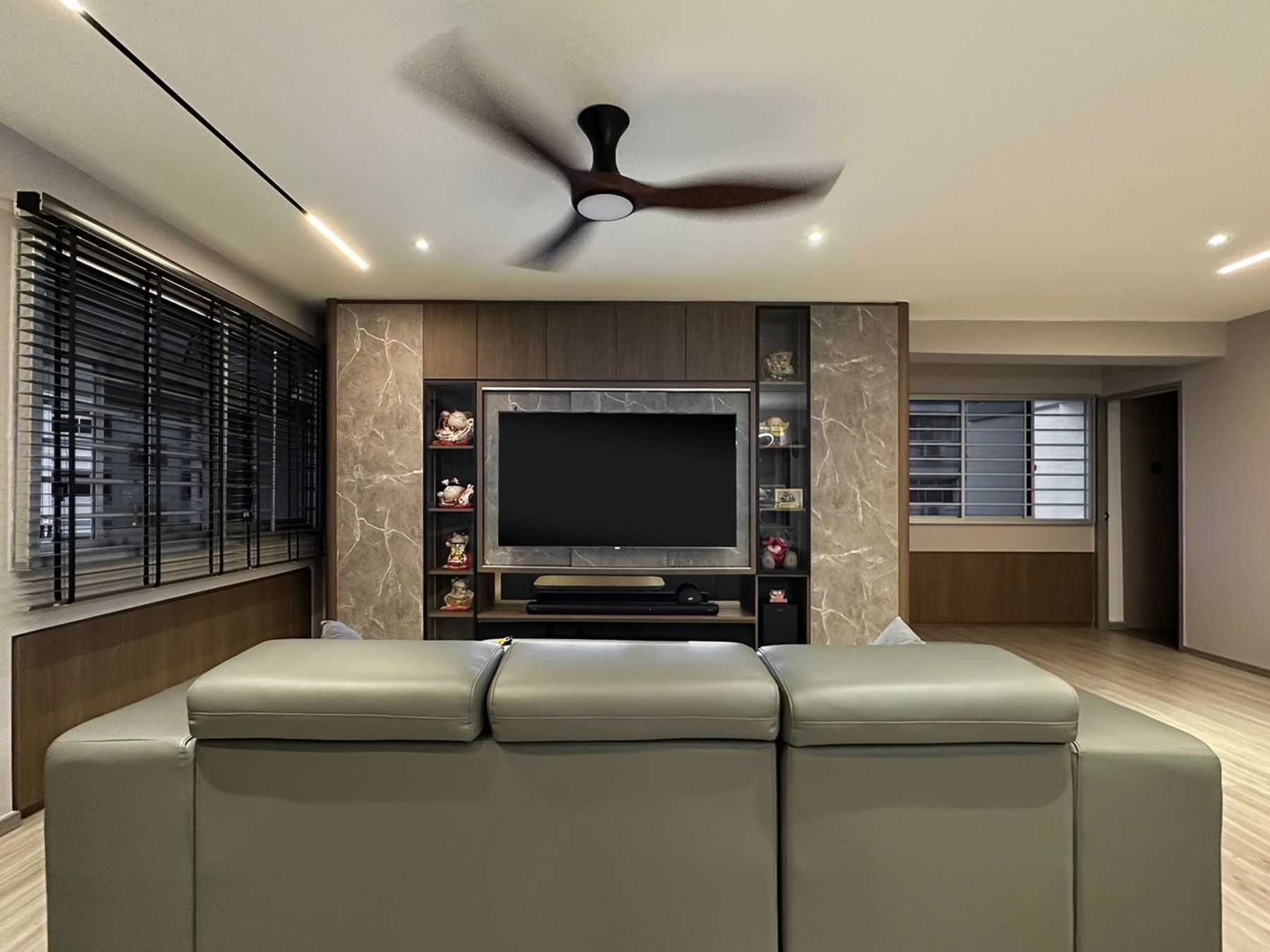 Scandinavian Living Room with TV Console and Window Grille