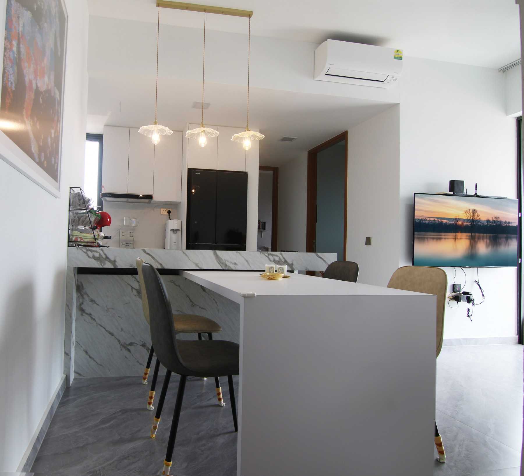 Modern Living Room with Homogeneous Tiles and Kitchen Island
