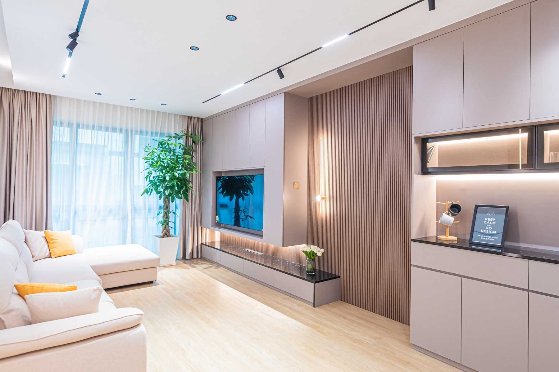 Modern Living Room with Countertop and Vinyl Flooring