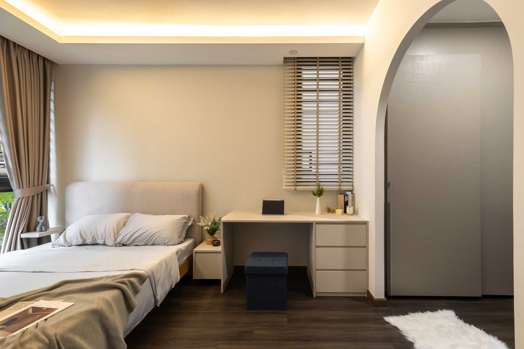 Modern Bedroom with Wood Flooring and Bedside Table