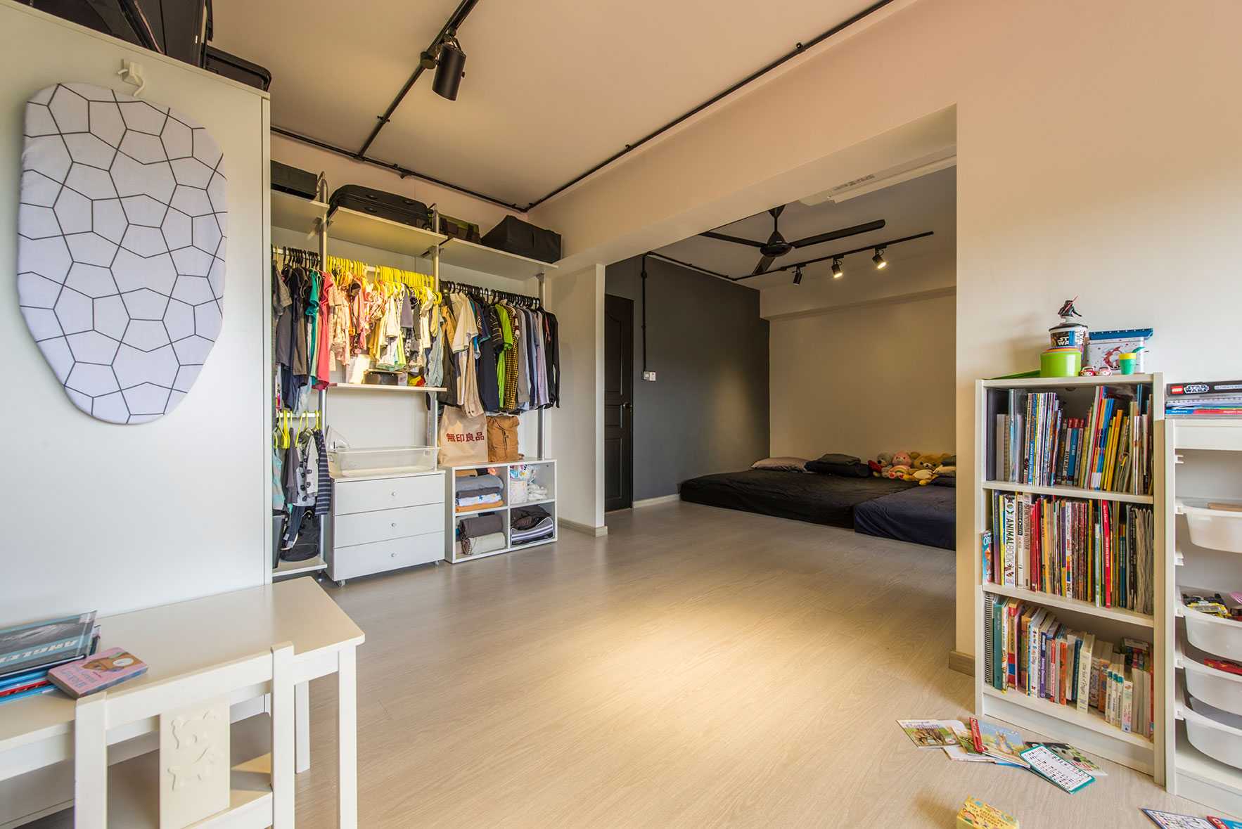 Industrial Bedroom with Vinyl Flooring and Wardrobe