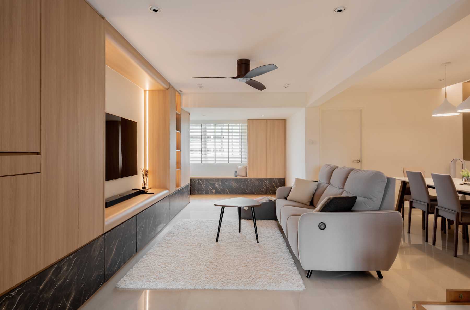 Scandinavian Living Room with TV Console and Ceiling Fan