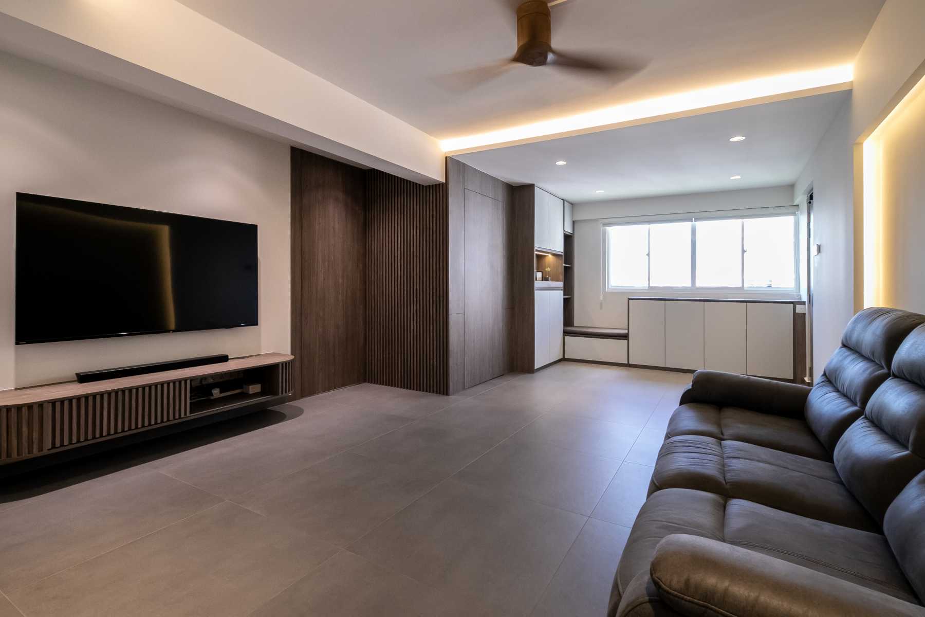 Minimalist Living Room with Homogeneous Tiles and TV Console