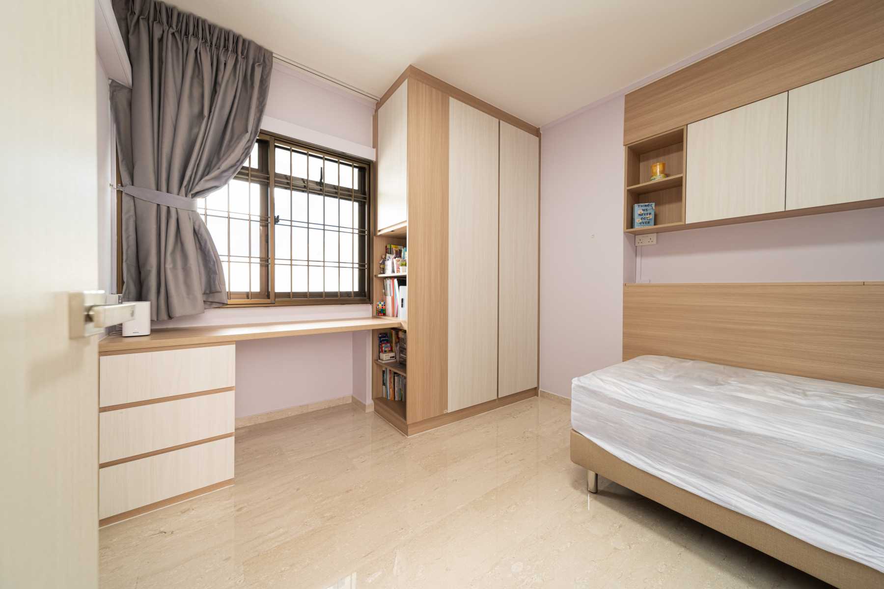 Modern Bedroom with Bookshelf and Marble Floor