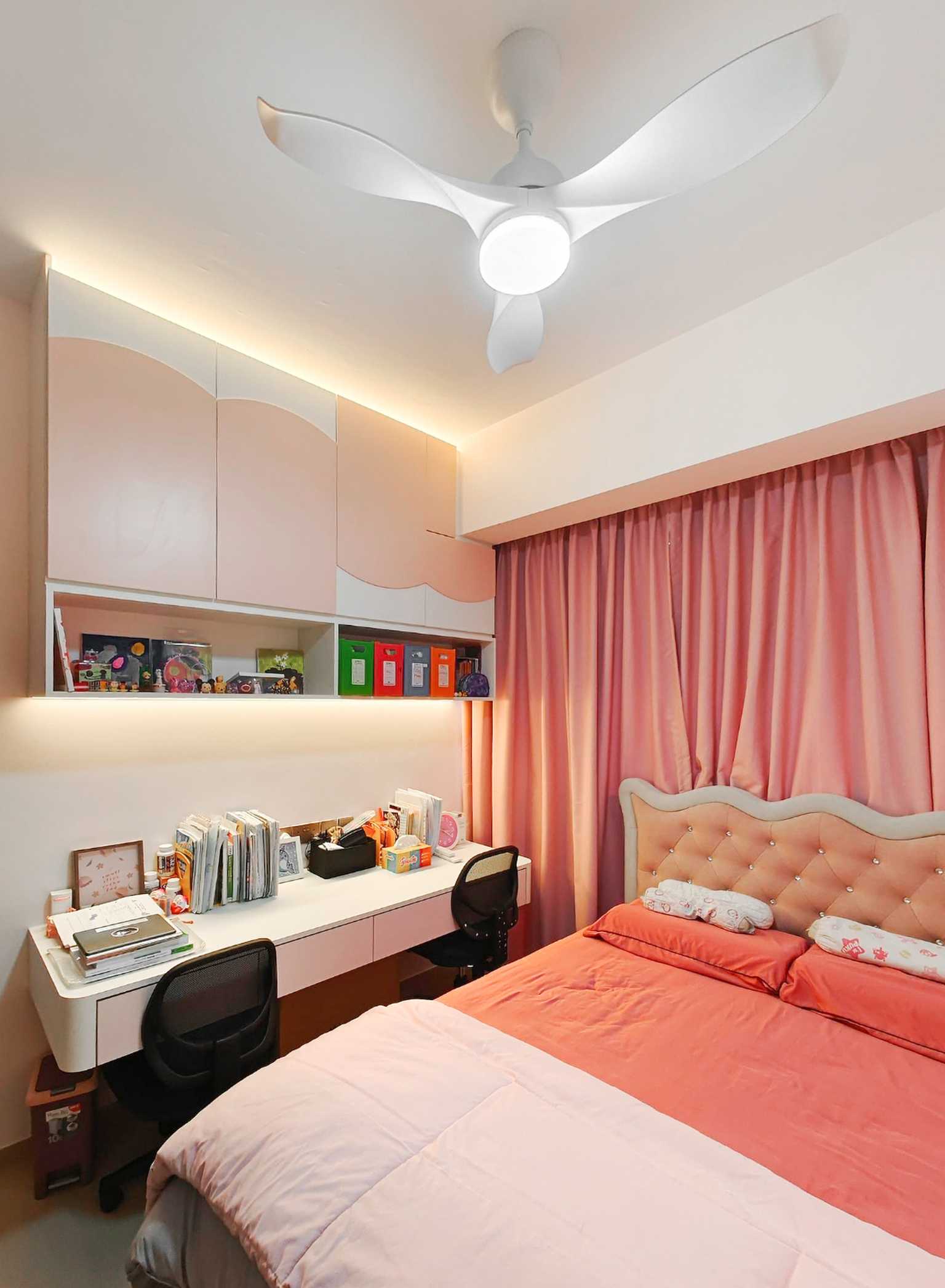 Scandinavian Bedroom with Bookshelf and Paintings