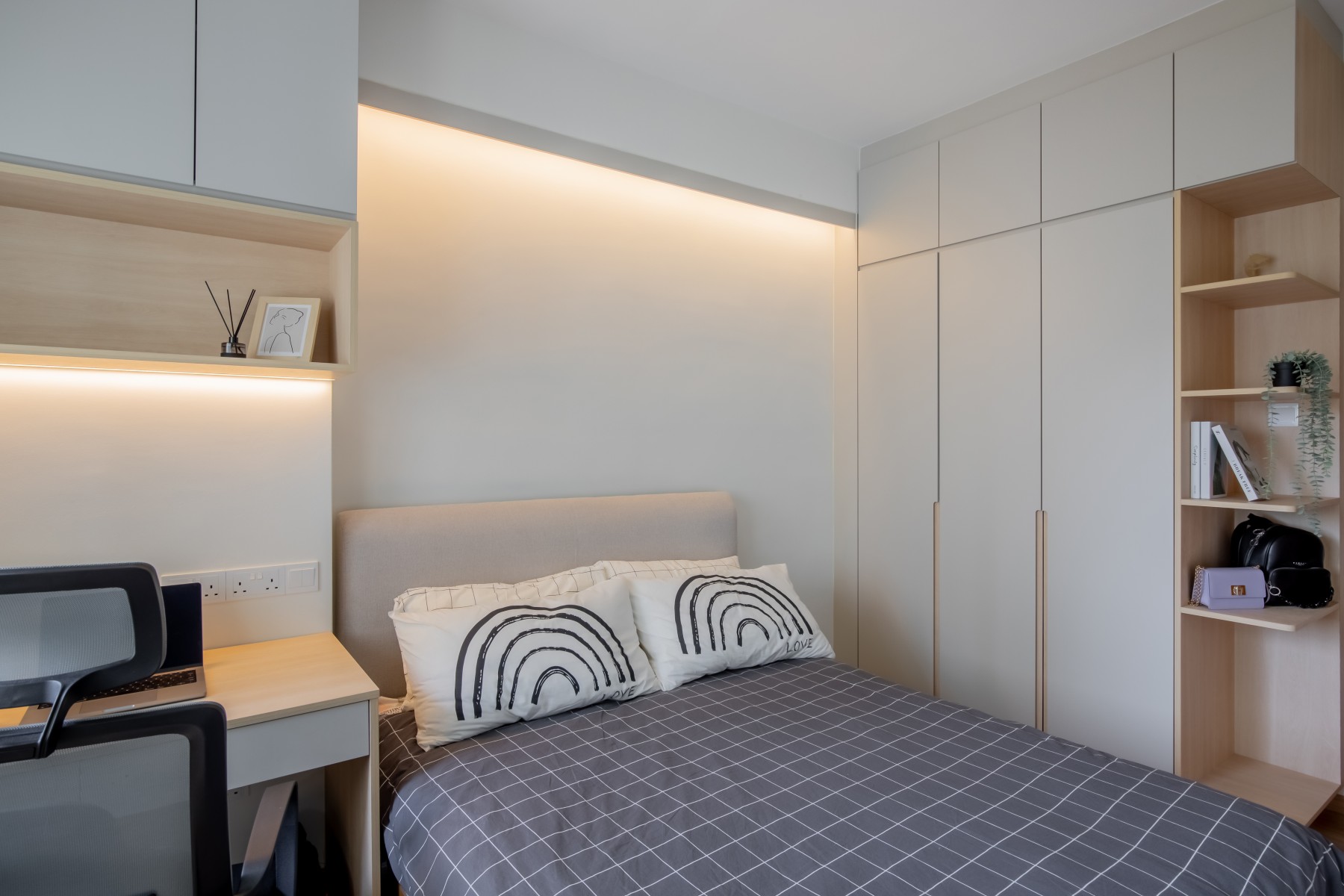 Scandinavian Bedroom with Bookshelf and Vinyl Flooring