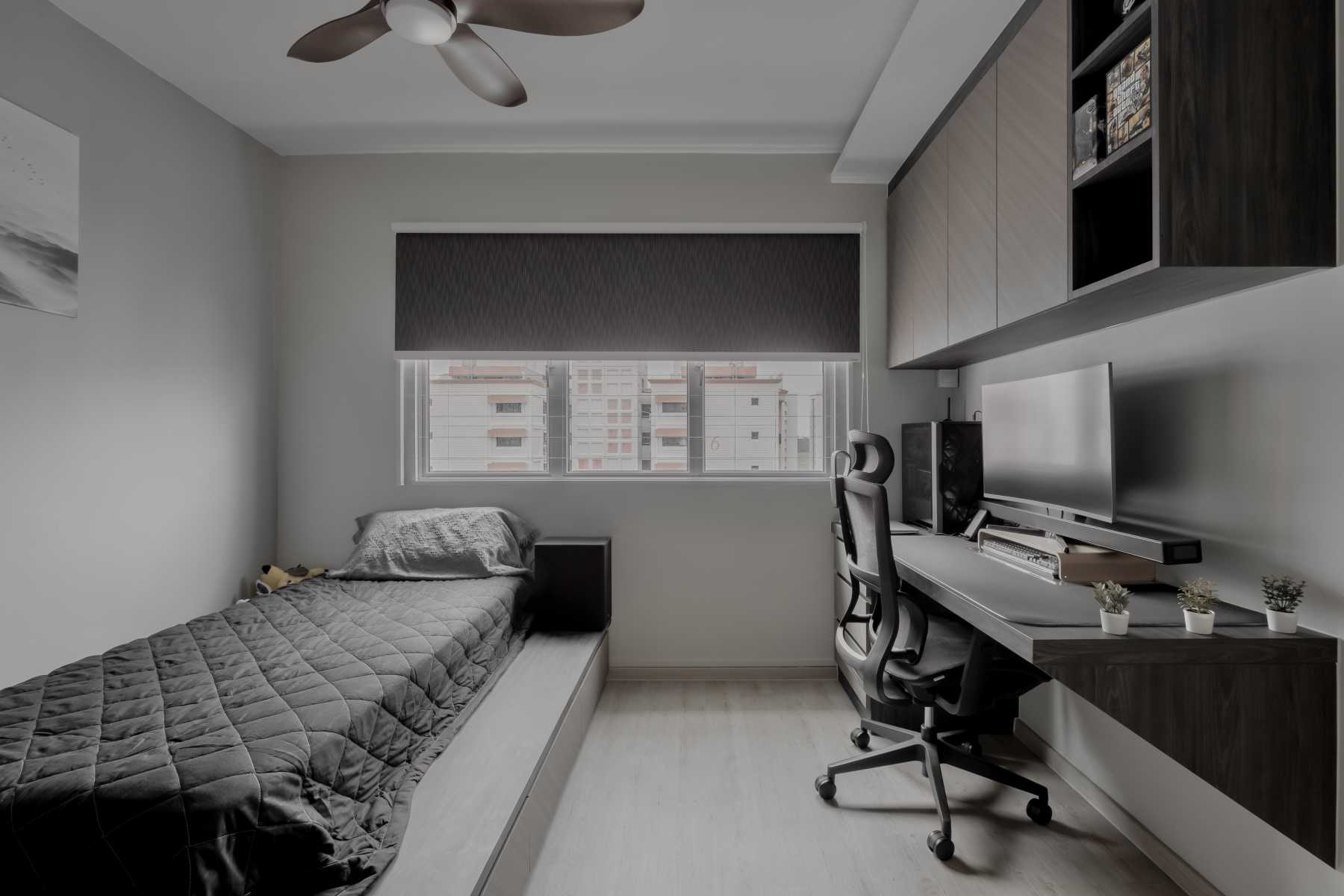 Scandinavian Bedroom with Bookshelf and Ceiling Fan