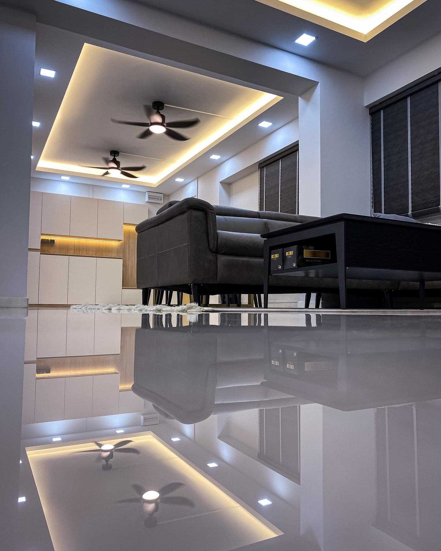 Modern Living Room with Marble Floor and Drop Ceiling