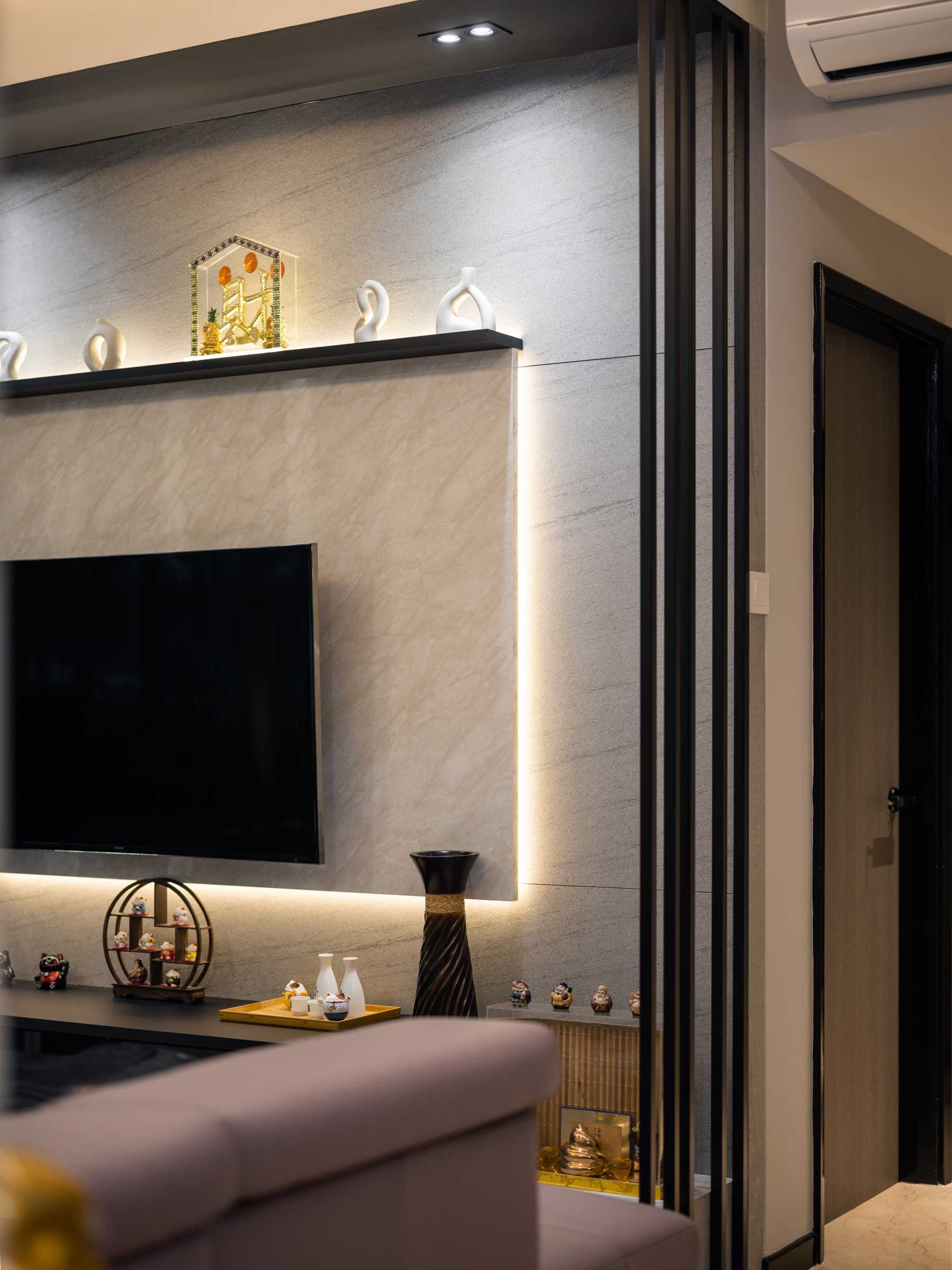 Modern Living Room with Marble Floor and TV Console