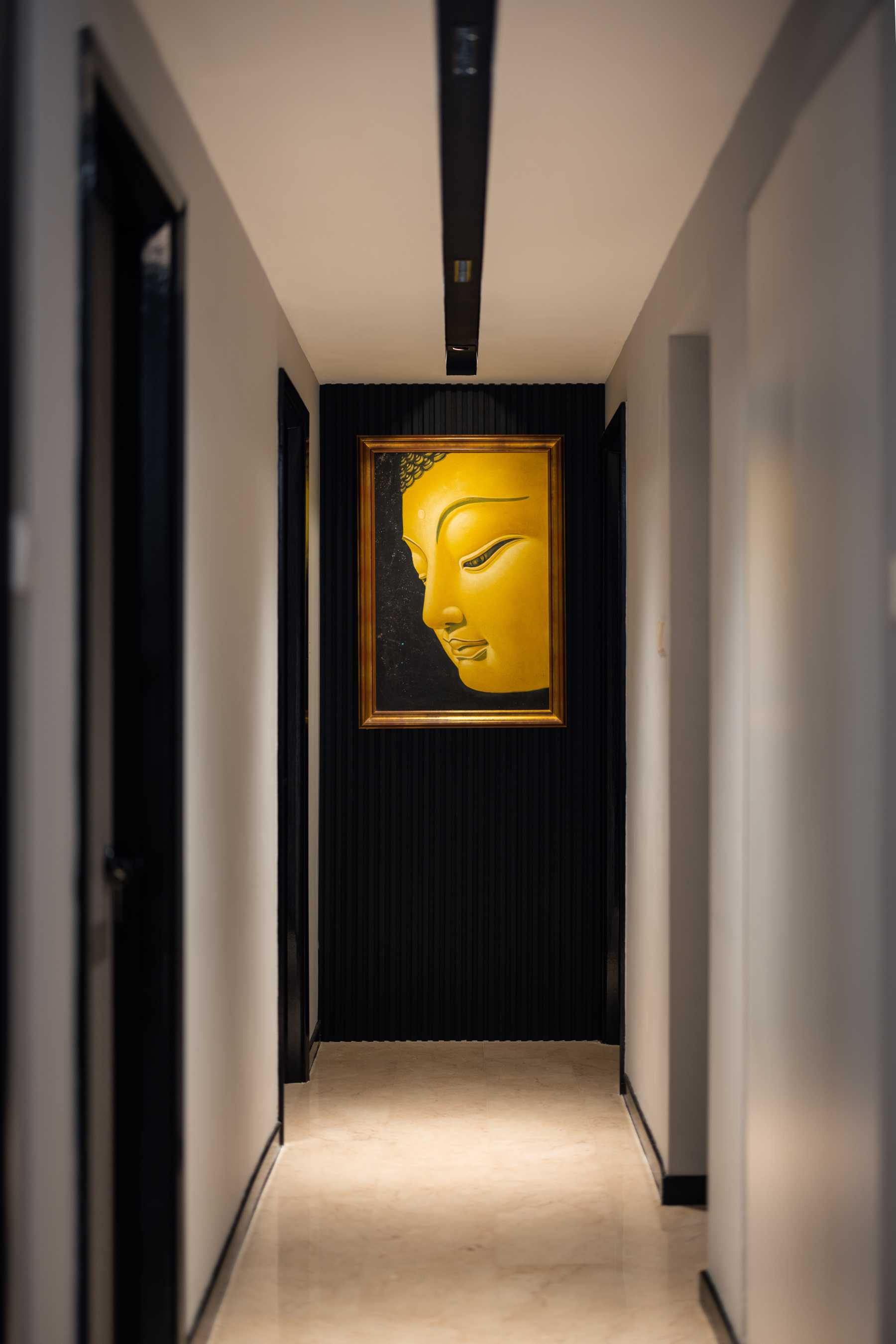Modern Entryway with Marble Floor and Feature Wall