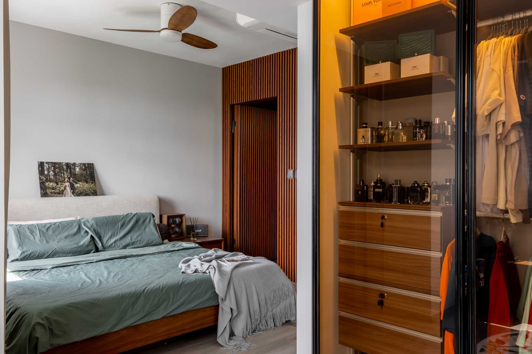 Scandinavian Bedroom with Vinyl Flooring and Feature Wall
