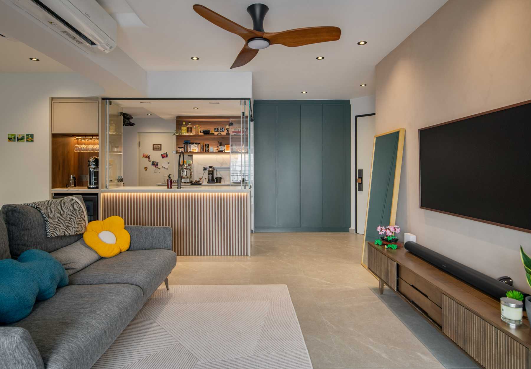 Contemporary Living Room with Homogeneous Tiles and TV Console