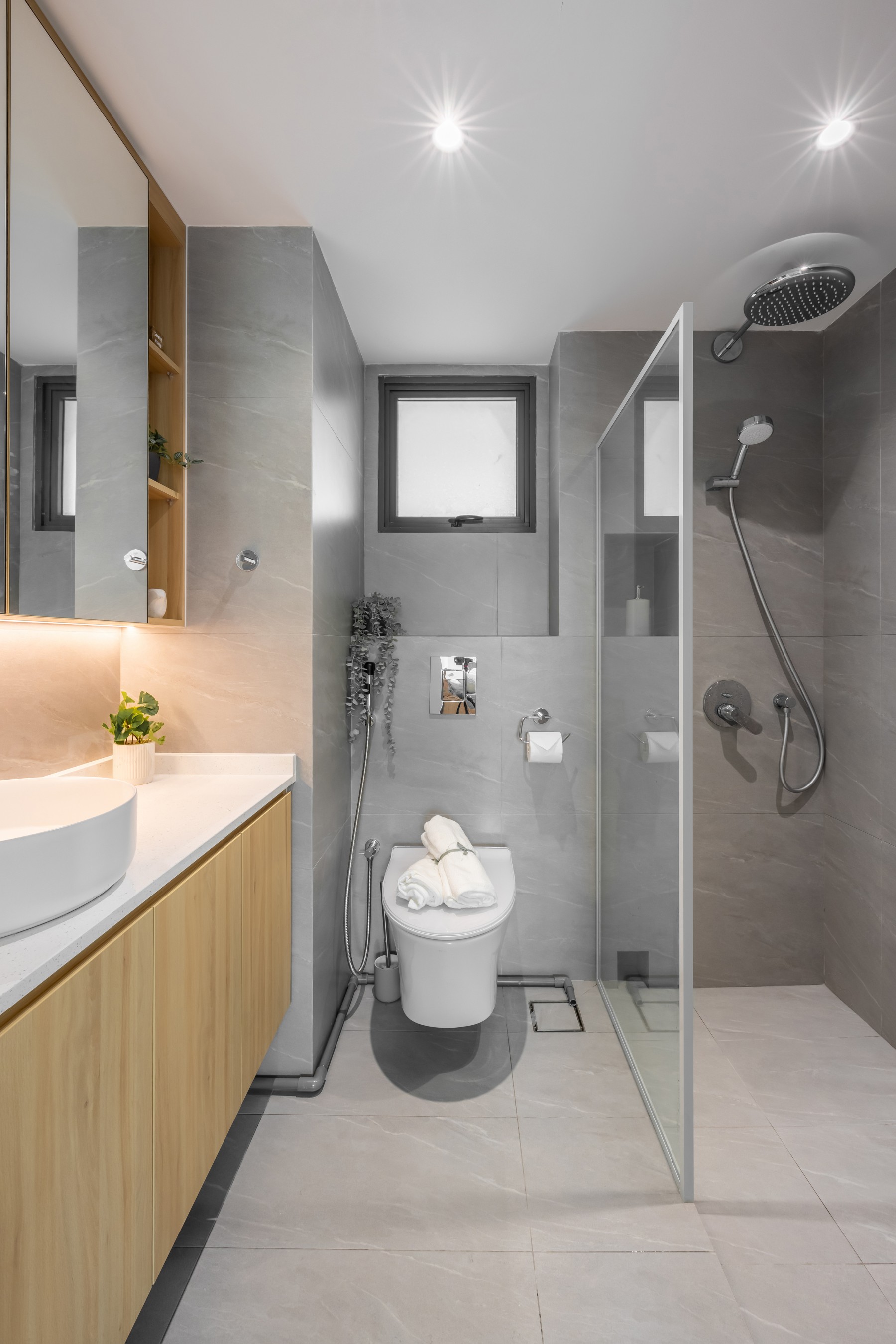 Minimalist Bathroom with Countertop and Herringbone Tiling