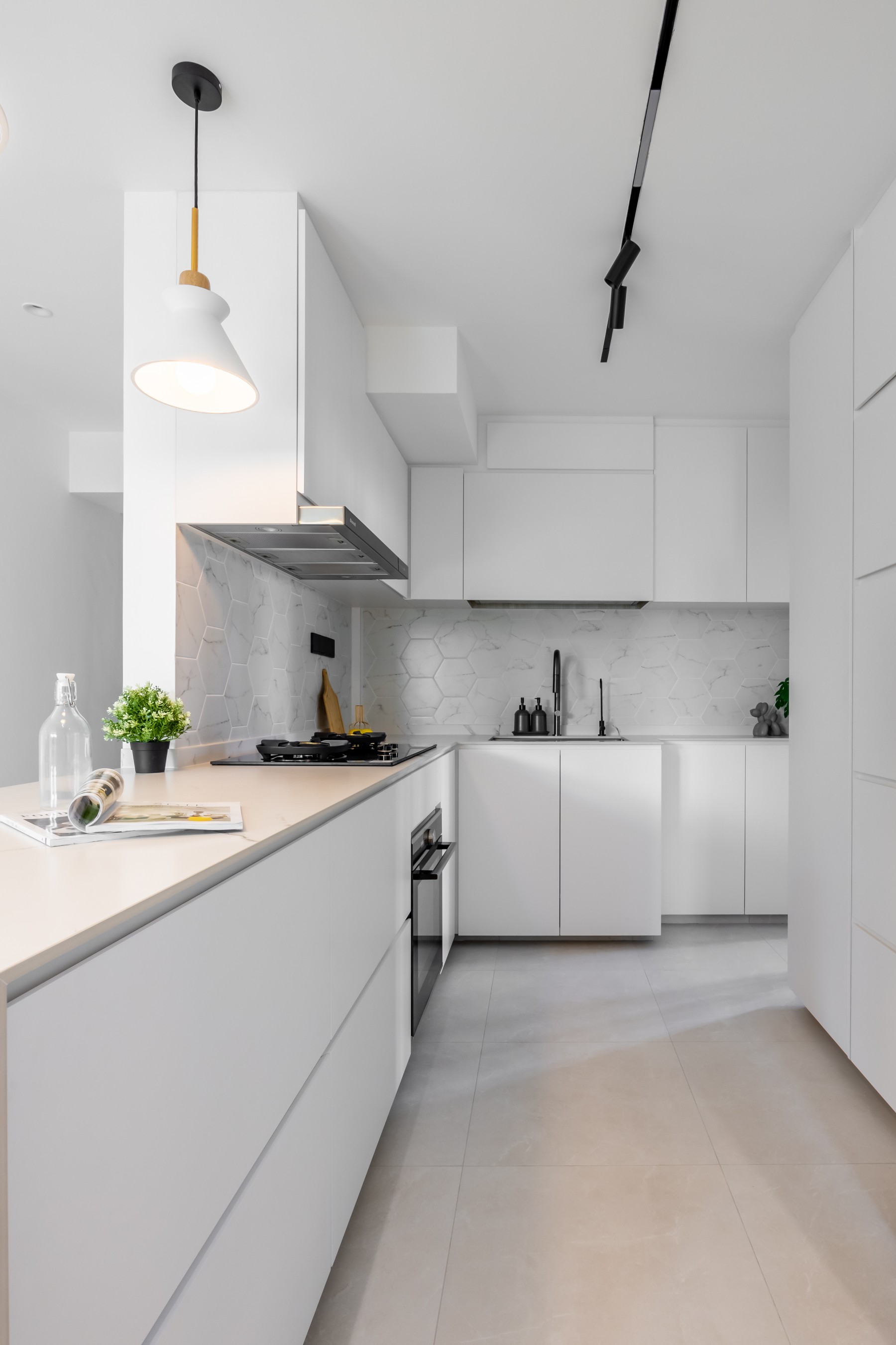 Minimalist Kitchen with Countertop and Homogeneous Tiles