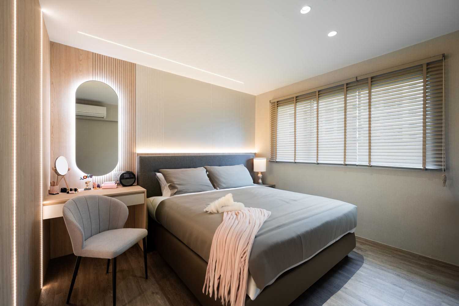 Modern Bedroom with Vinyl Flooring and Built-in Bed