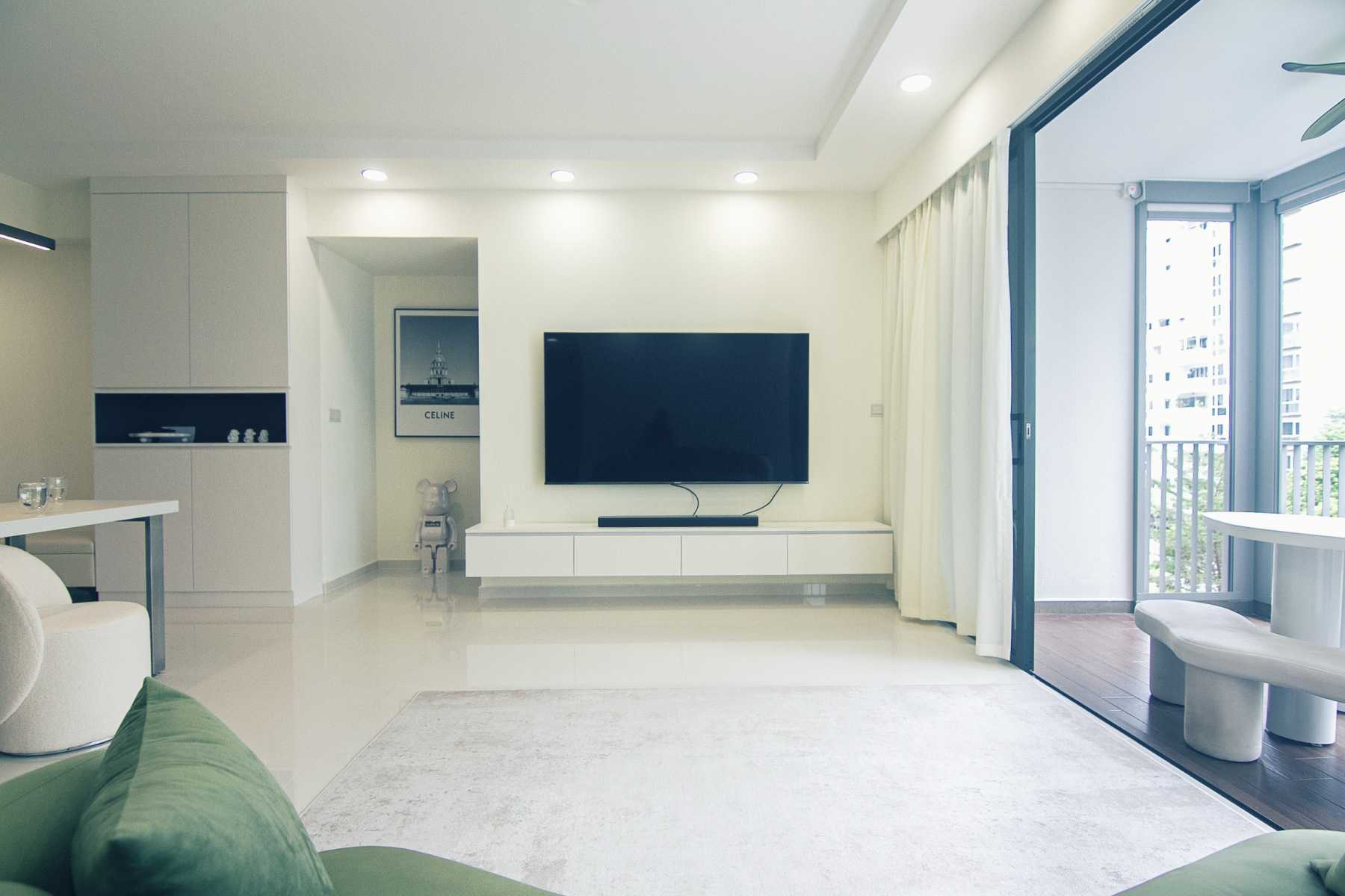 Minimalist Living Room with Homogeneous Tiles and TV Console