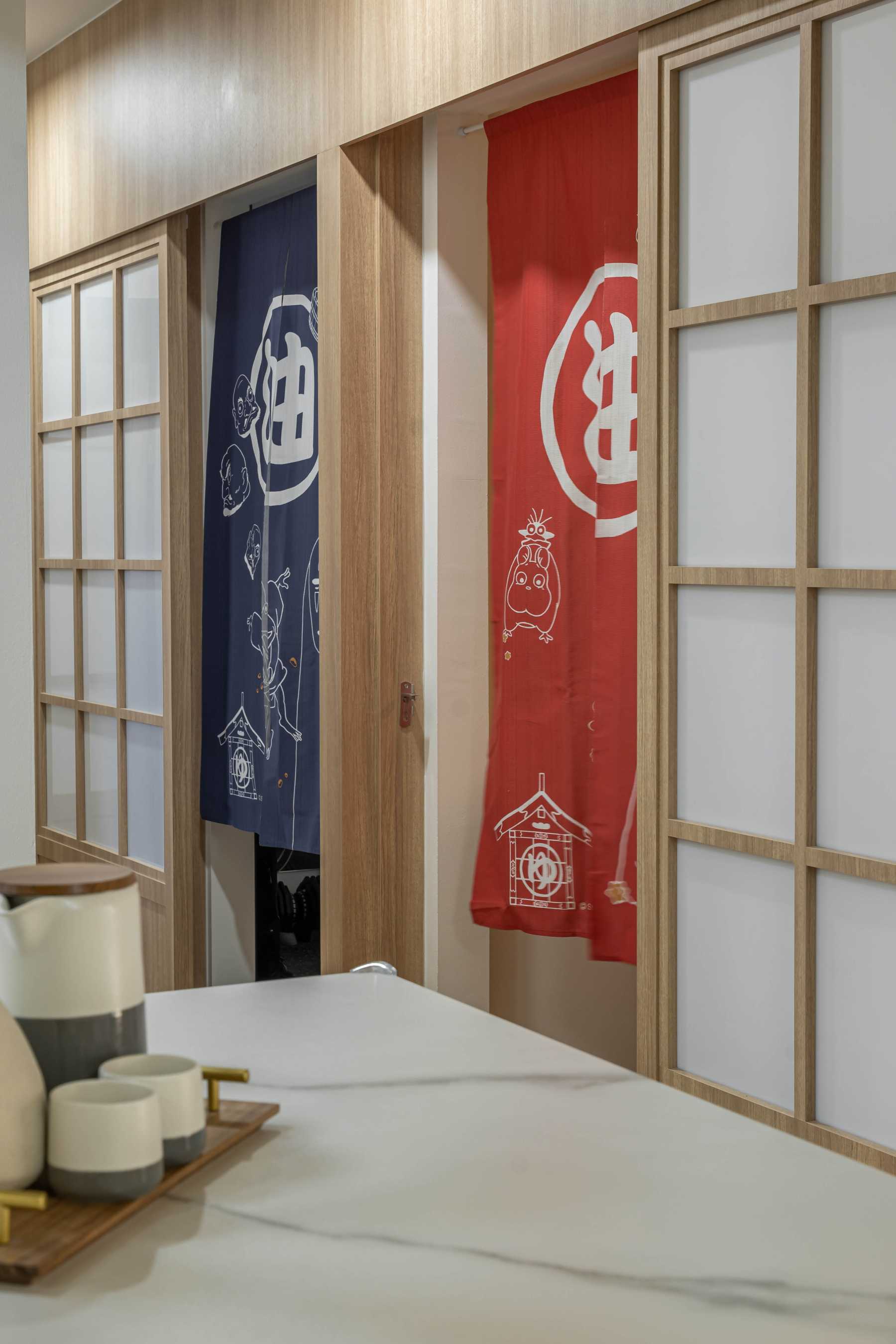 Asian Hallway with Countertop and Feature Wall