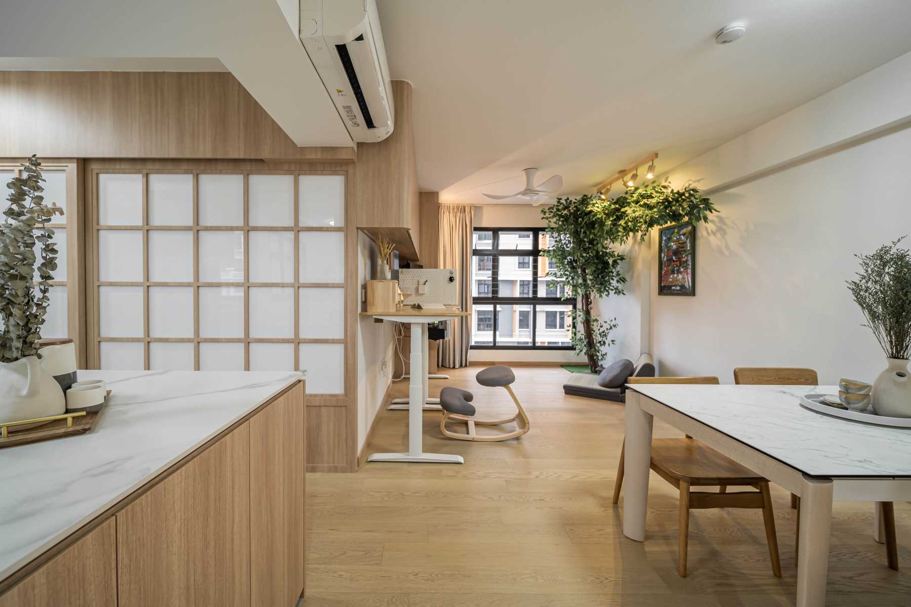 Asian Living Room with Countertop and Feature Wall