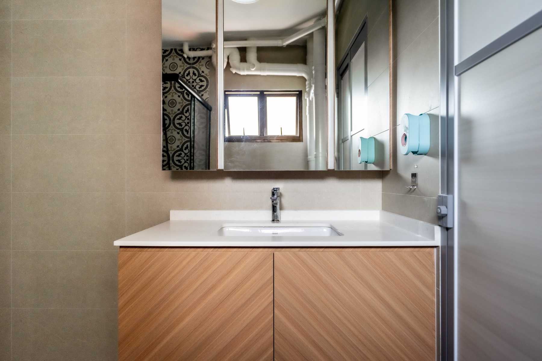 Scandinavian Bathroom with Countertop and Mirror