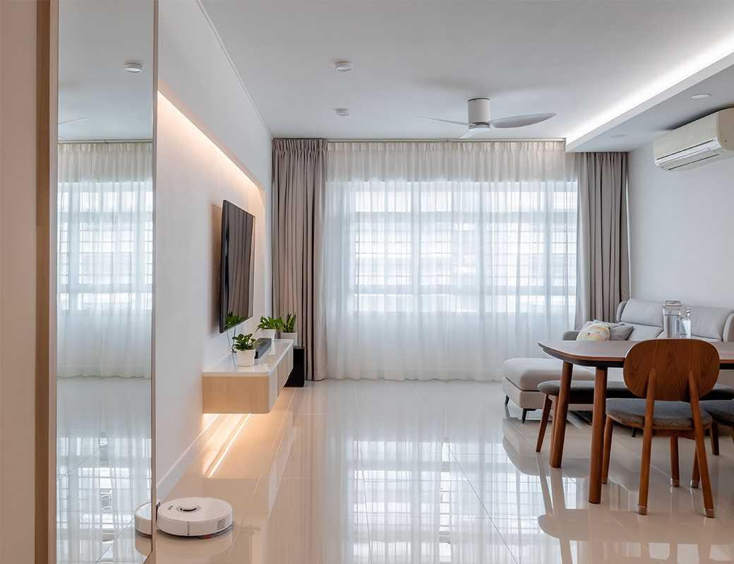 Contemporary Living Room with Homogeneous Tiles and TV Console