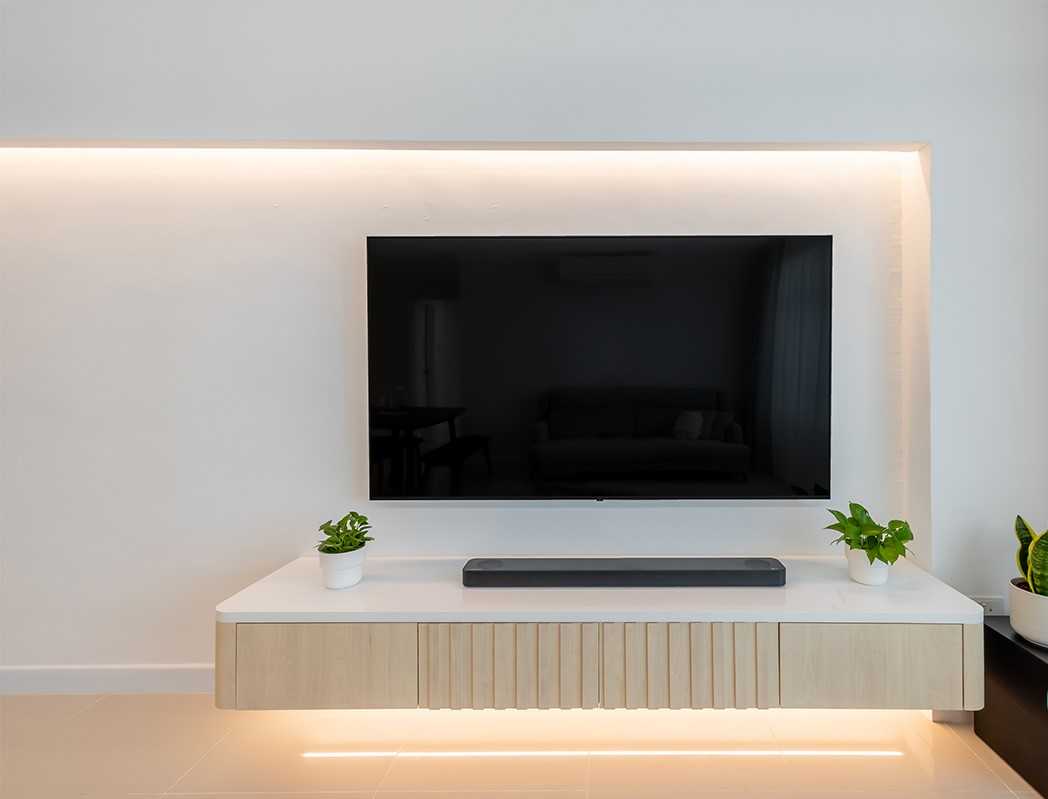 Contemporary Living Room with Homogeneous Tiles and TV Console