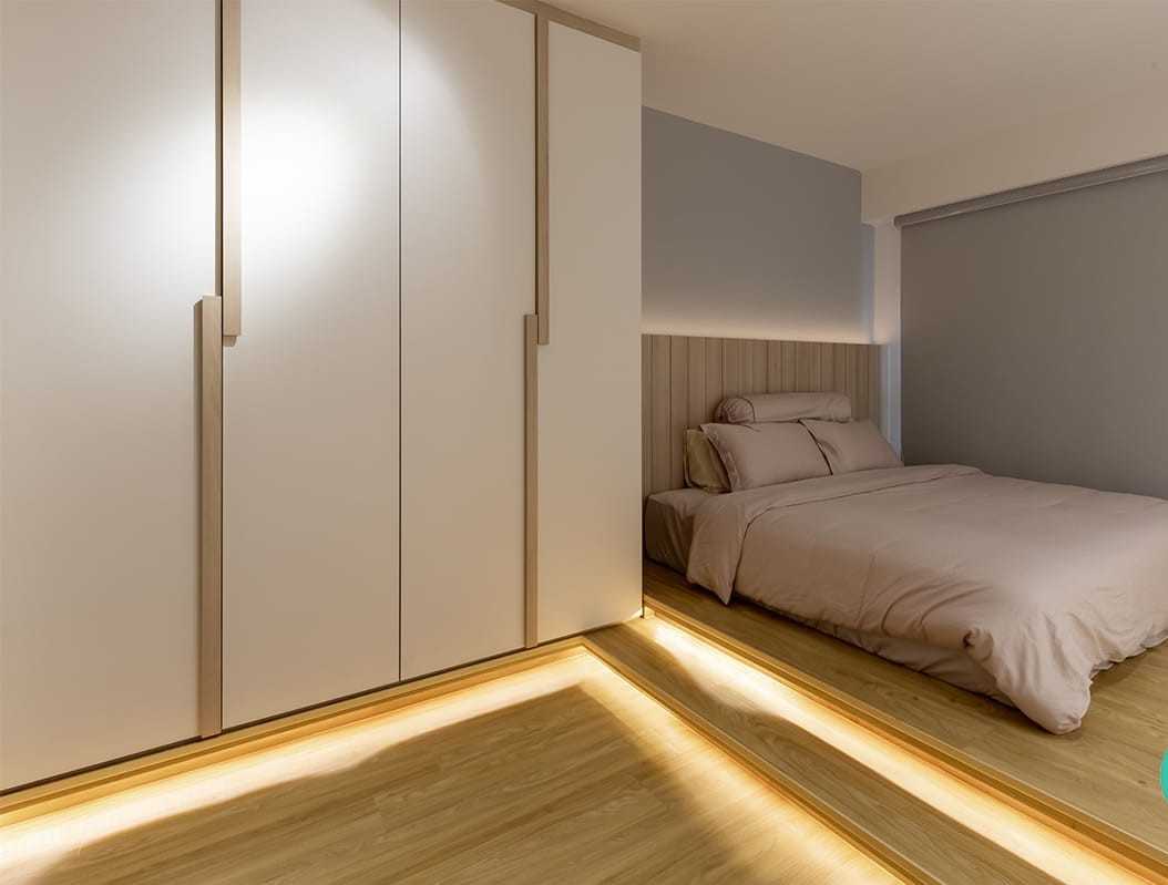 Scandinavian Bedroom with Platform Bed and Cove Lighting