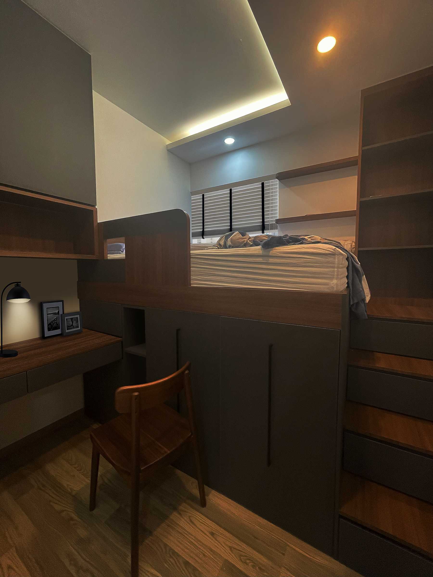 Contemporary Bedroom with Bookshelf and Vinyl Flooring