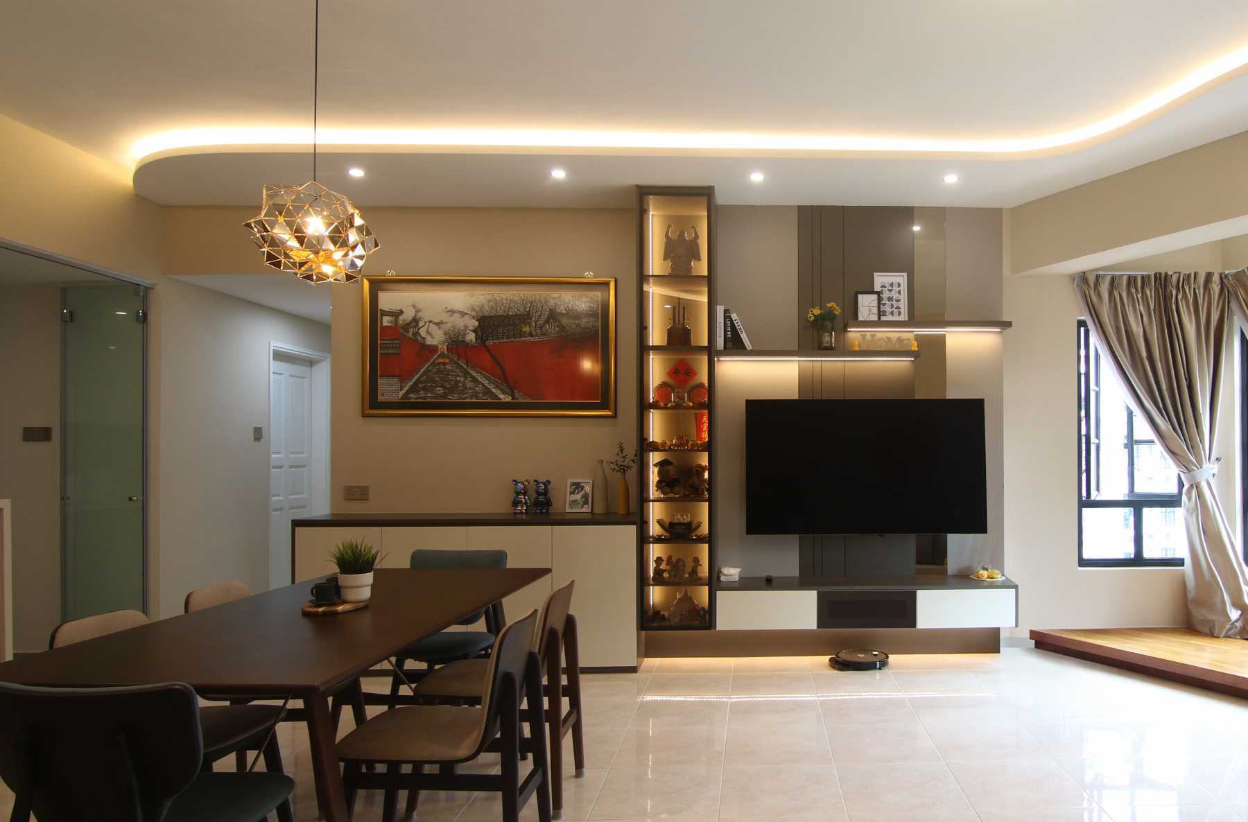 Contemporary Living Room with TV Console and Feature Wall