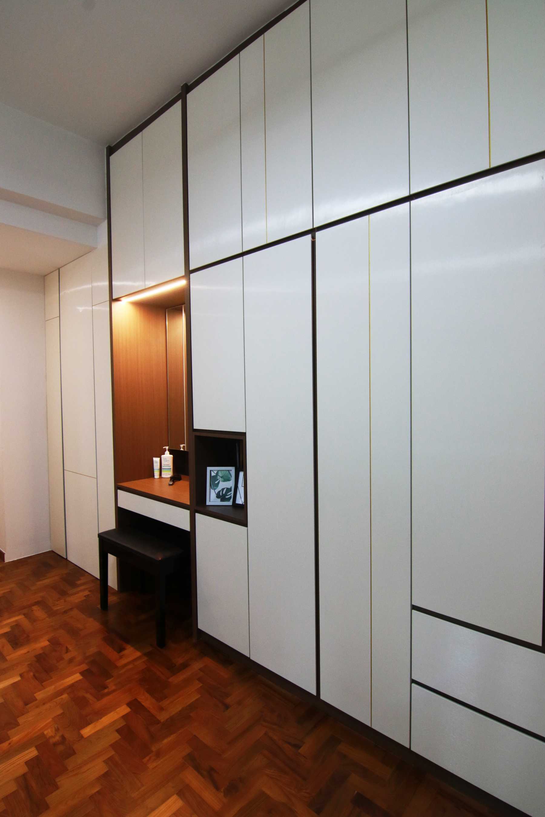 Contemporary Bedroom with Parquet Floor and Feature Wall