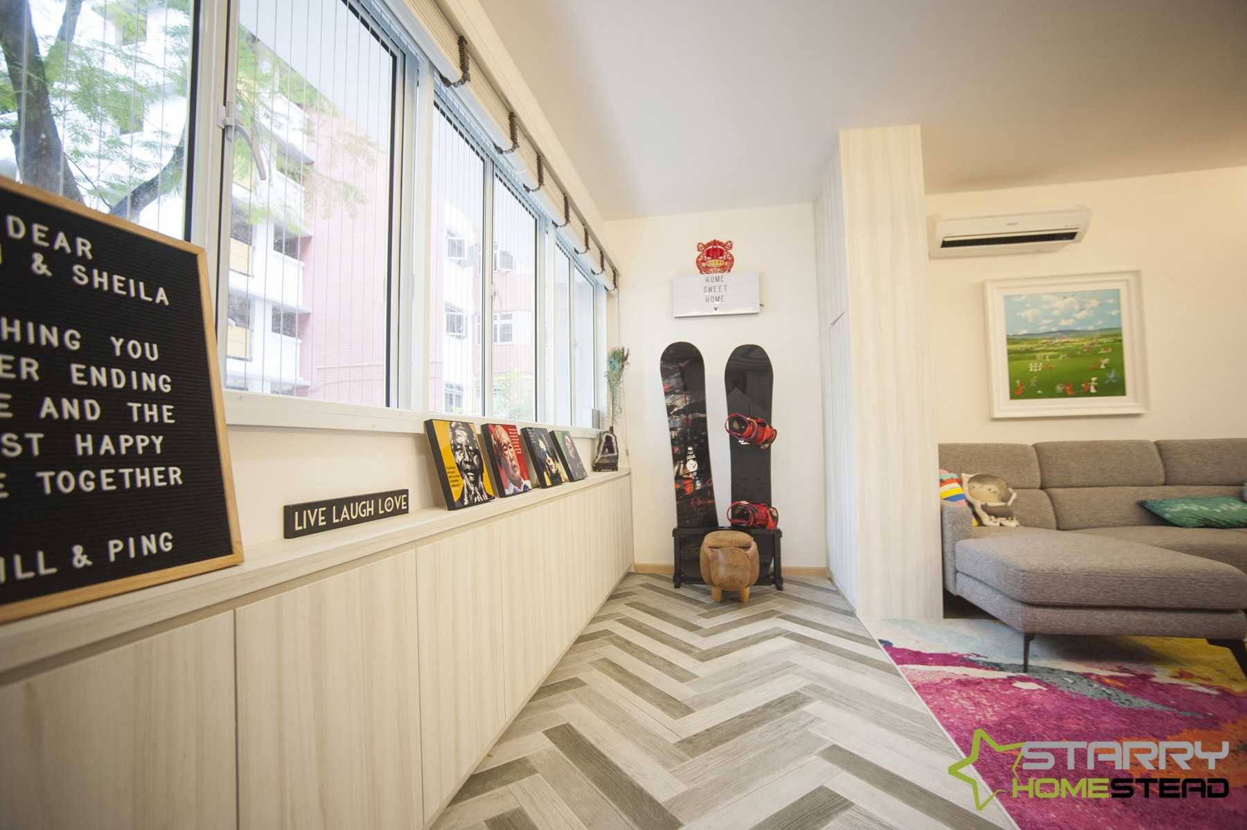 Scandinavian Living Room with Storage Cabinets and Tiles