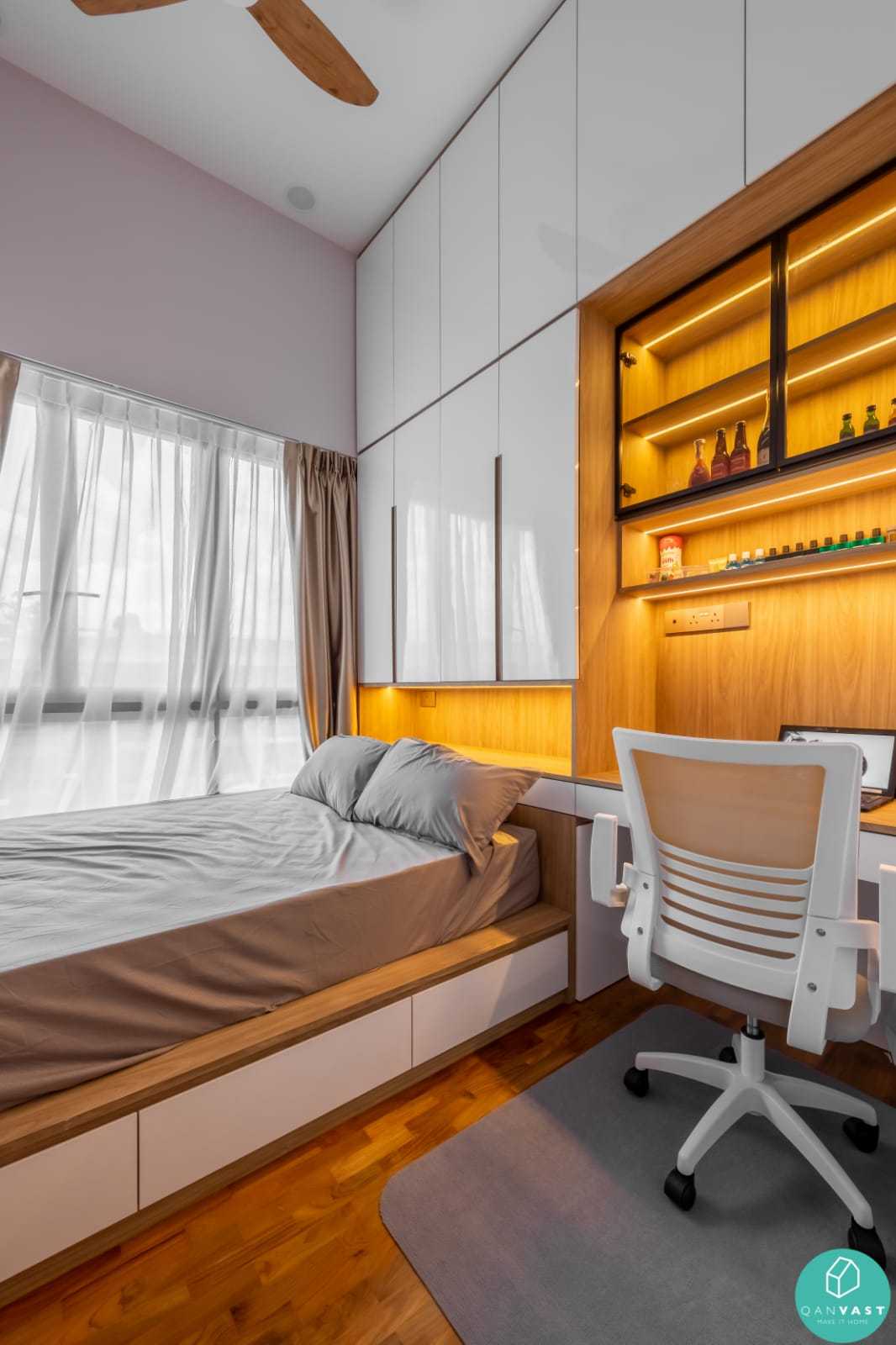 Modern Bedroom with Bookshelf and Queen Bed