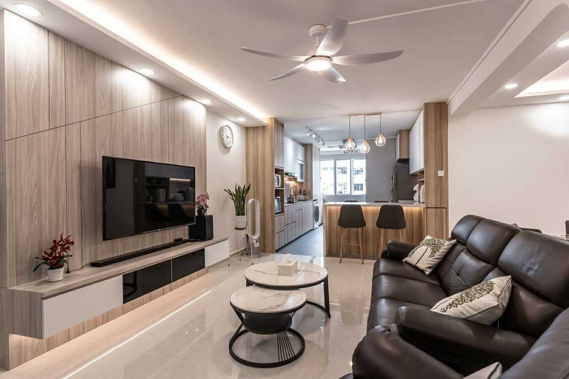 Modern Living Room with Marble Floor and Feature Wall