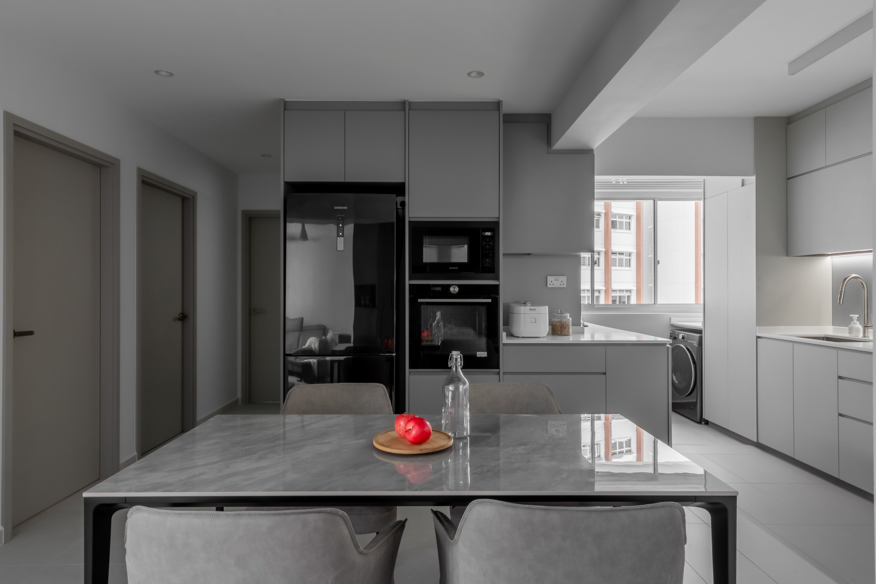 Minimalist Dining Room with Downlights and Dining Table