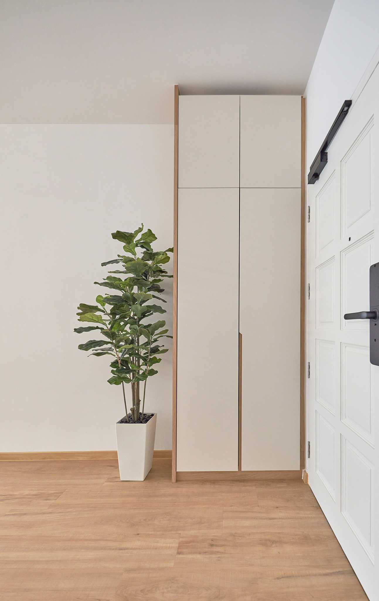 Scandinavian Foyer with Paintings and Storage Cabinets