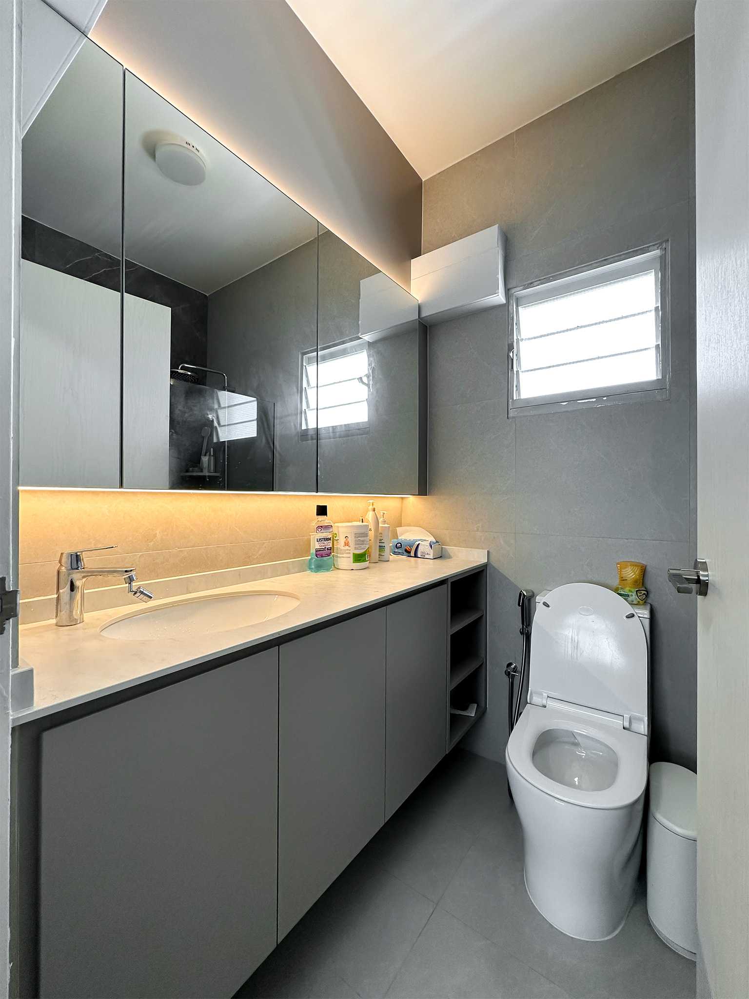 Scandinavian Bathroom with Mirror and Bathroom Storage