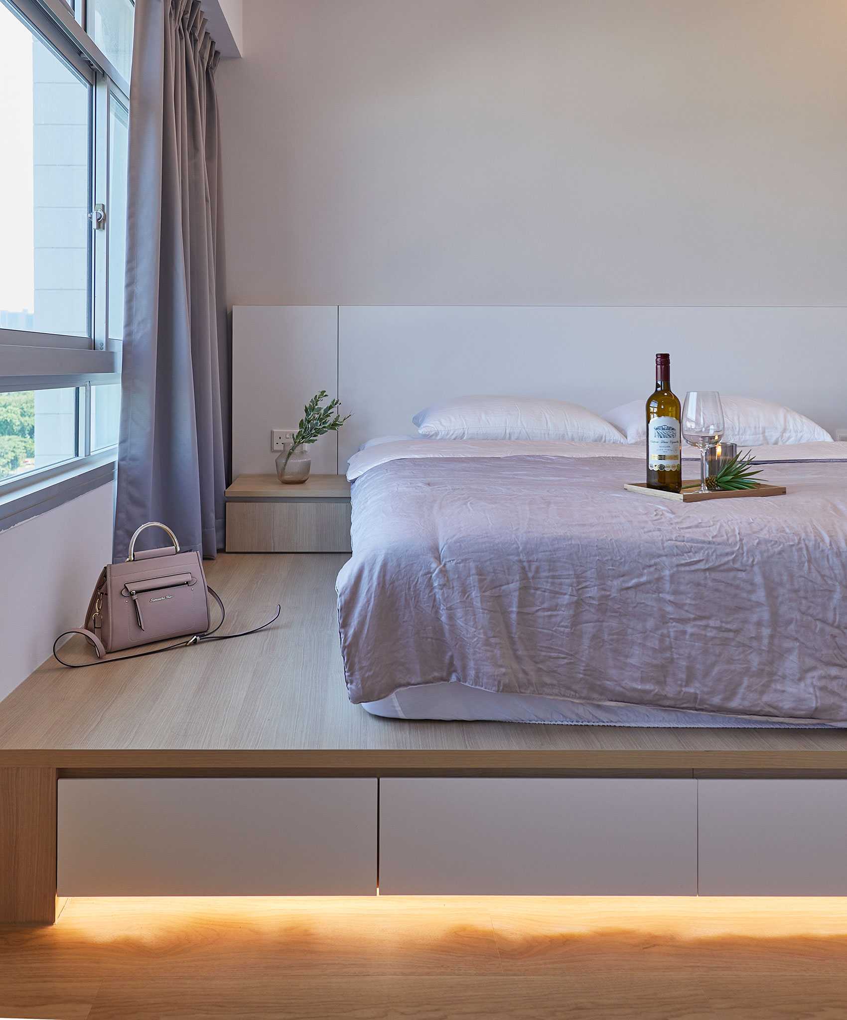 Scandinavian Bedroom with Built-in Bed and Bedside Table