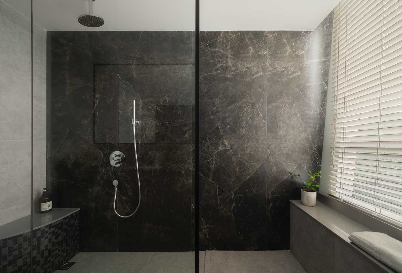 Contemporary Bathroom with Rainshower and Bathroom Storage