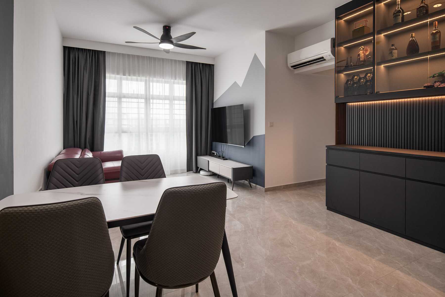 Contemporary Living Room with Countertop and Homogeneous Tiles