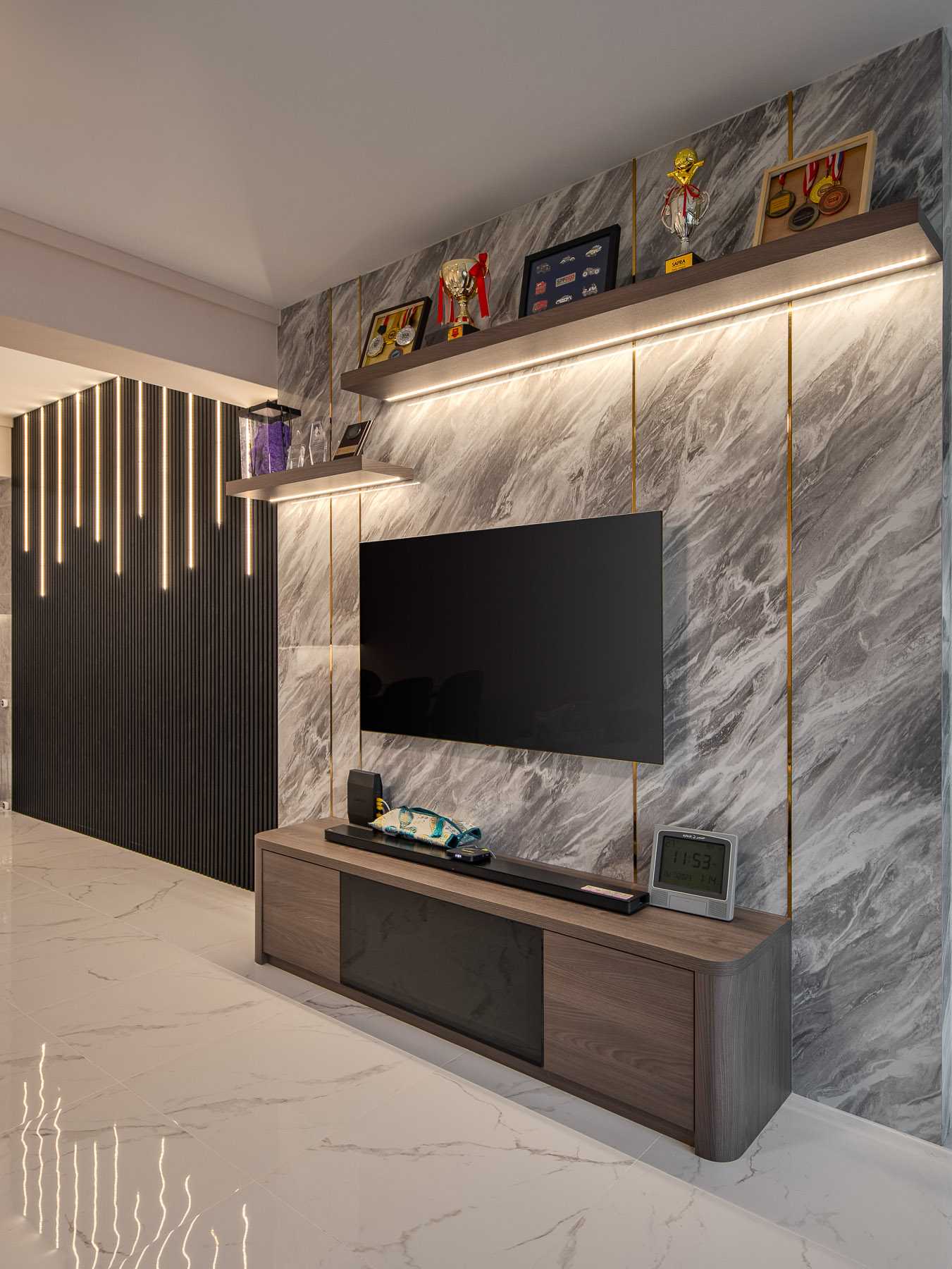 Scandinavian Living Room with TV Console and Feature Wall
