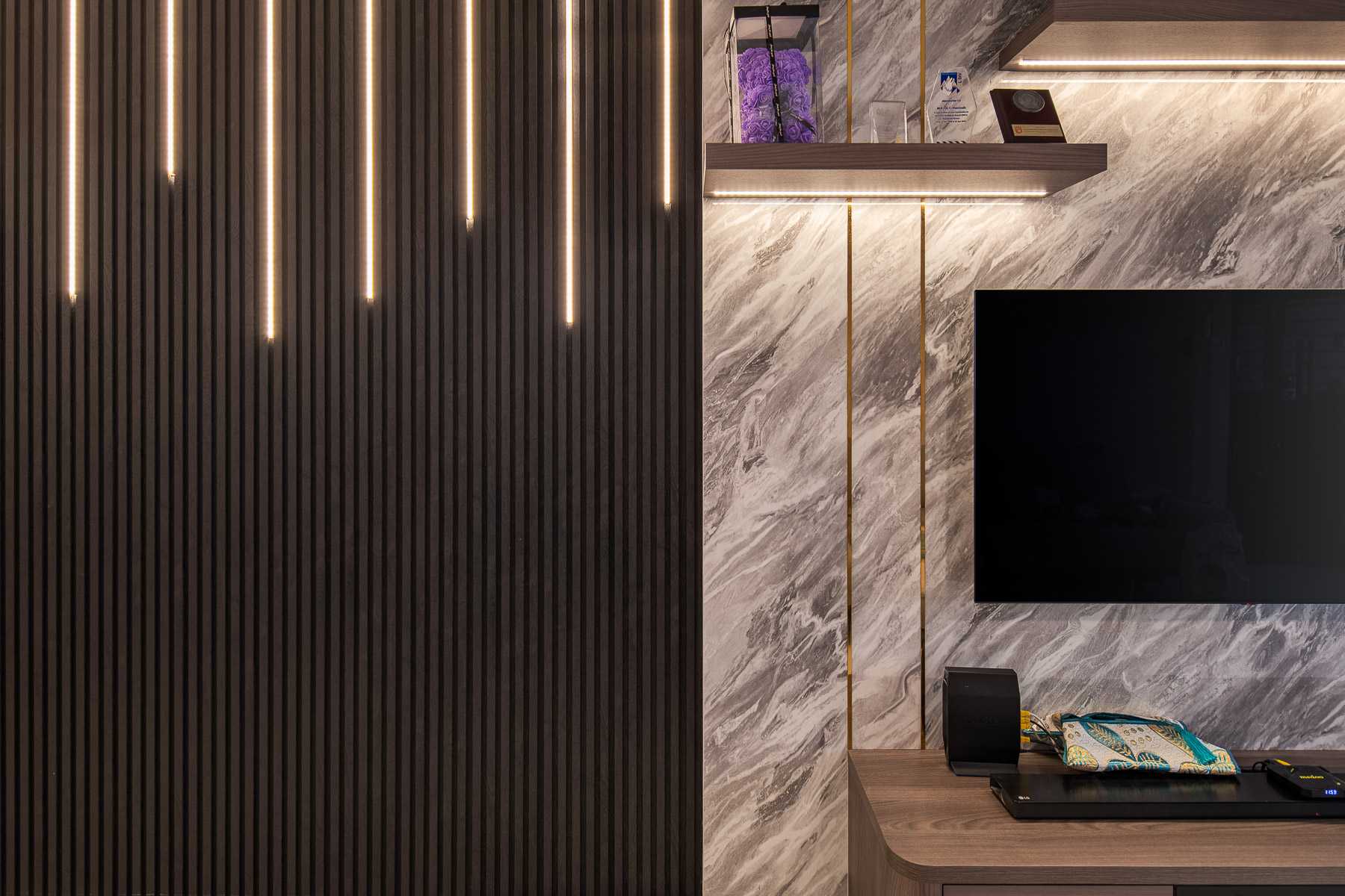 Scandinavian Living Room with TV Console and Feature Wall