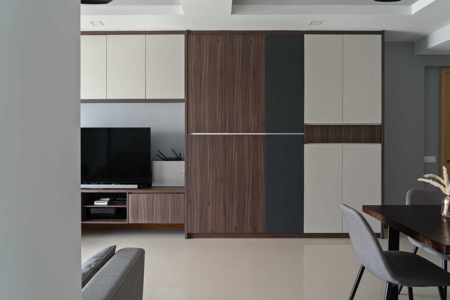 Contemporary Living Room with Bookshelf and TV Console