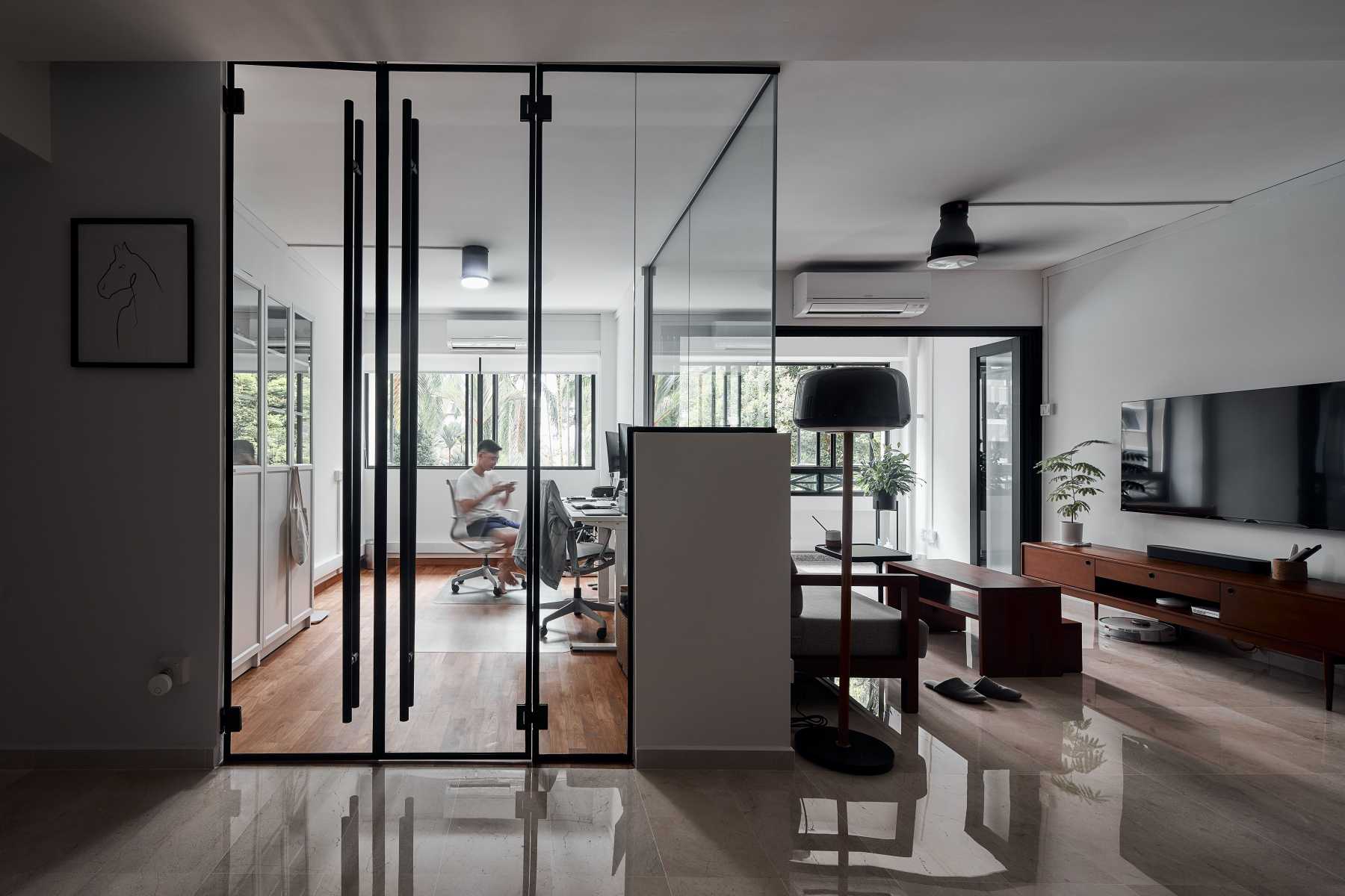 Contemporary Living Room with TV Console and Chandelier