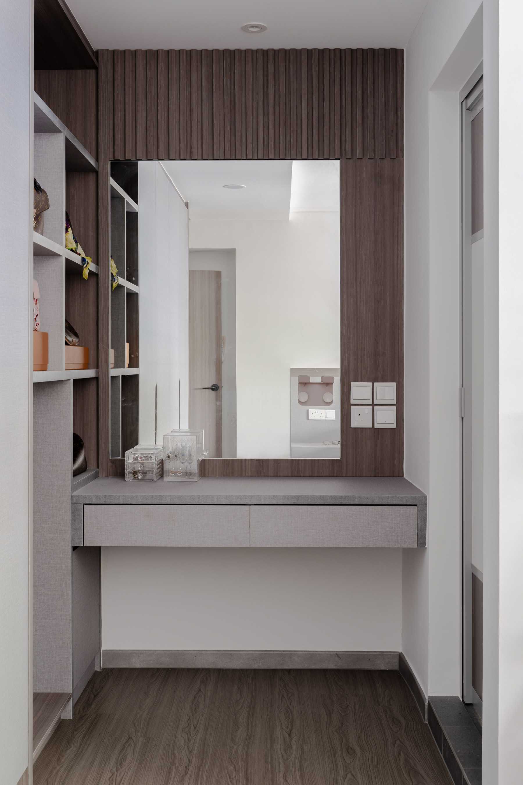 Contemporary Bedroom with Herringbone Tiling and Cement Floor