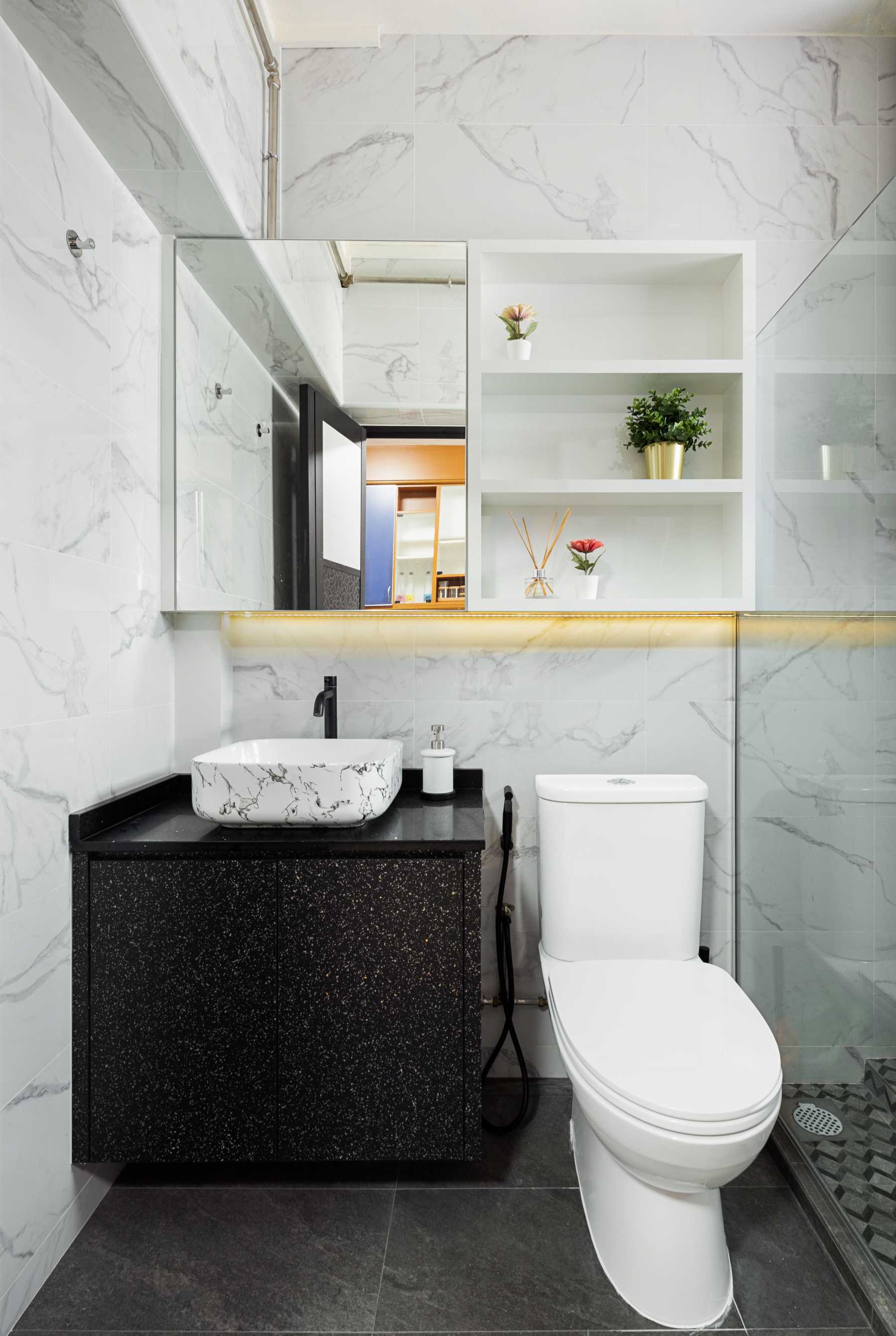 Vintage Bathroom with Cement Floor and Wood Flooring